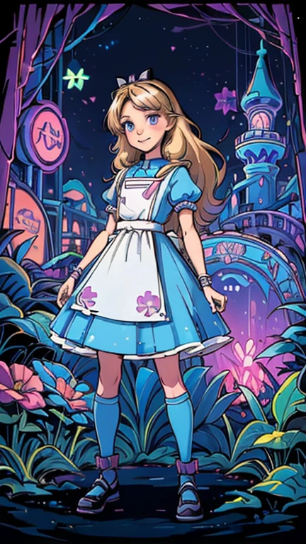 best quality,masterpiece,1girl,solo,(((13years old))),japanese girl,an extremely cute and handsome girl,highly detailed beautiful face and eyes,petit,cute face,lovely face,baby face,shy smile,show teeth, Blonde hair,long hair,flat chest,skinny,slender,(((wearing a Alice in Wonderland costume))),(((standing in Dark Midnight Neon Glow light Disneyland))),he is looking at the viewer,