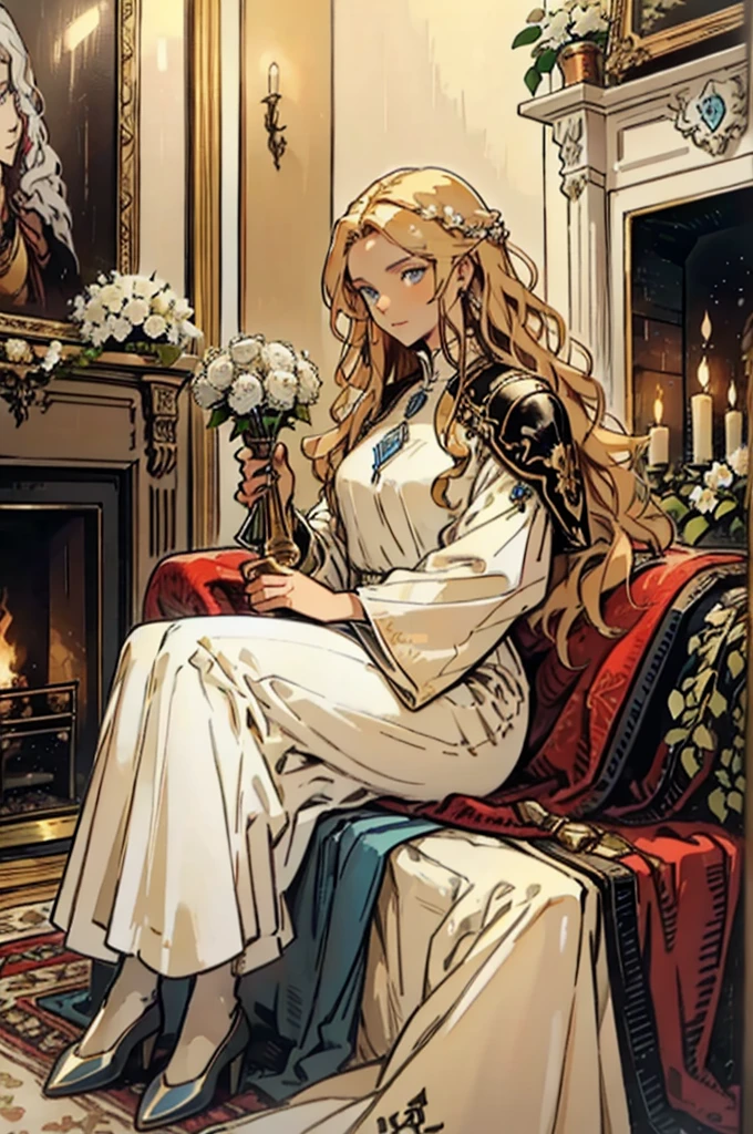 woman with defined facial features, long curly hair, pale gold color,blue eyes, wearing a medieval nobility dress,sitting on a leather sofa, holding a bird with one hand,oil painting, framed picture, Wooden frame, above a fireplace, vases with white flowers