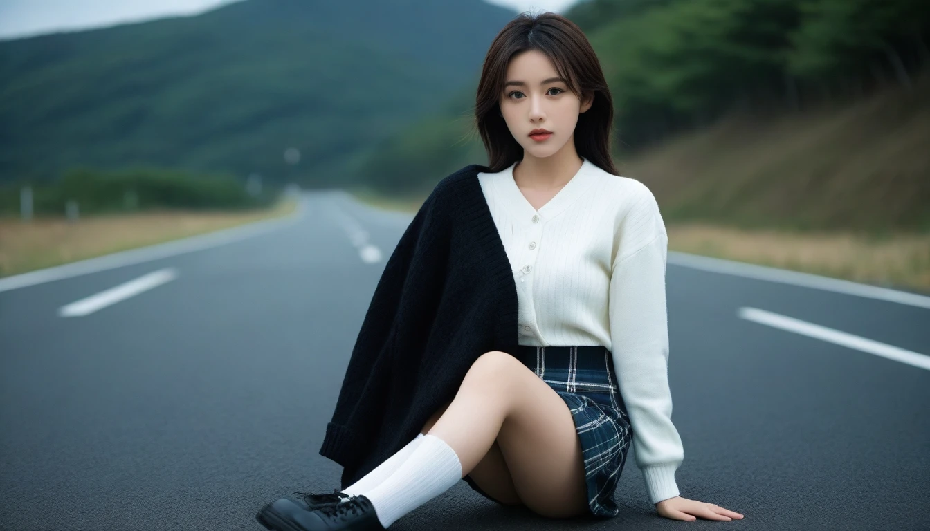 8K, Ultra-high resolution, Highest quality, masterpiece, 三分割法によるphotograph,Surreal, photograph, 1 Girl, (16 years old:1.3), pretty girl, Cute face, Beautiful eyes in every detail, 細かくdetailedに,masterpiece,One Girl:1.2, Japan Female Announcer,whole body,from below,Fearful expression,Black Hair,Messy hair,Cyber city of the near future,Wearing a cardigan sweater on your back、A girl alone in the middle of the road, Tartan check pencil skirt, White knee-high socks and black shoes,Beautiful leg line beauty,Realistic Skin, Perfect and beautiful face ,完璧でCute face, Skin with attention to detail, Perfect limbs、Narrow waist、Thin legs),Looking at the audience、beauty,Long neck、(((Ideal body type))),A cup small breasts :2,Portraiture:2,Perfect Anatomy,鮮明なdetailed,detailed,Surreal,Light and shadow,darkness