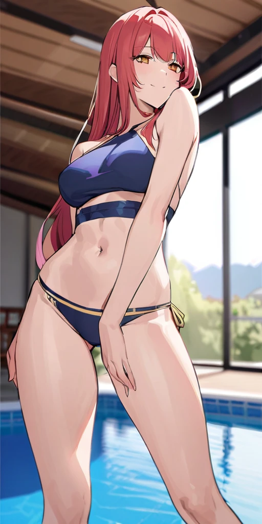 ((Hands beside the body)),((Highest quality、masterpiece:1.3))、Long legs、Sharp focus:1.2, Beautiful woman with perfect figure:1.4、(Smiling:1.2), double eyelid、30-year-old female、Sexy pose、((((One Woman、bikini)))),(((((one women,pool side:1.5)))))、((standing, cowboy shot:1.5))、