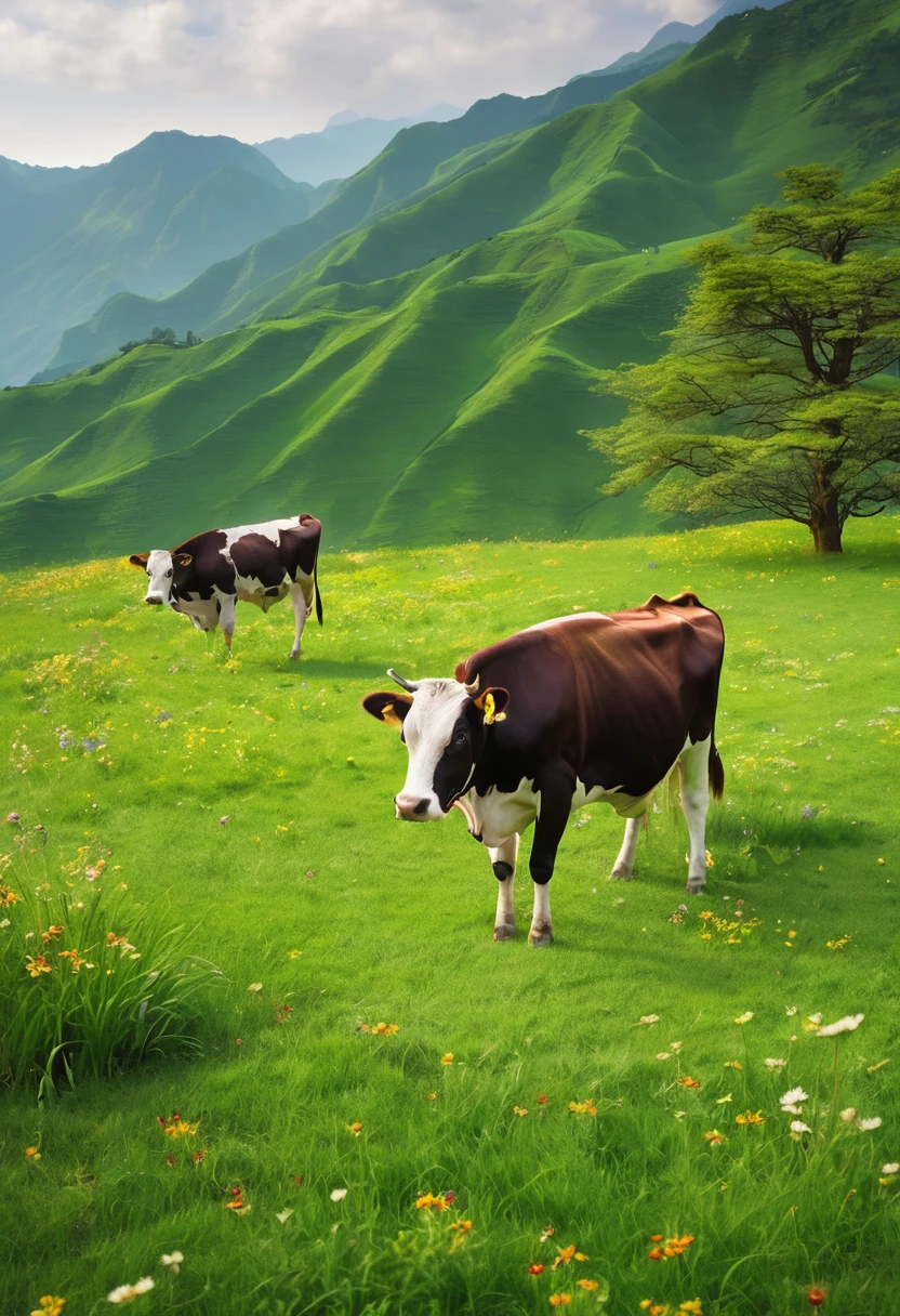 design,牛肉干design,Cows graze leisurely on a vast green meadow,A piece of attractive beef jerky is placed on the grass,Surrounded by fresh grass and wildflowers,Emphasize the freshness and naturalness of the products。