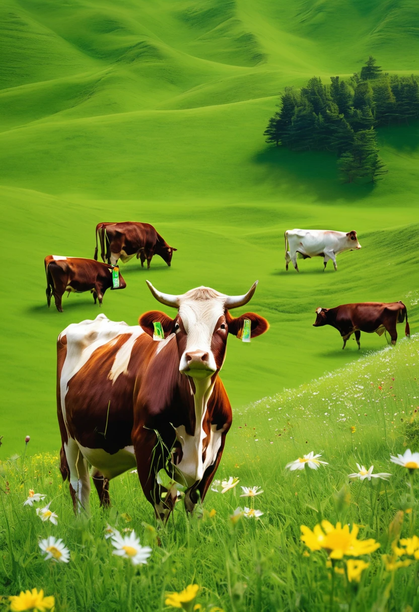 design，牛肉干design，Cows graze leisurely on a vast green meadow，A piece of attractive beef jerky is placed on the grass，Surrounded by fresh grass and wildflowers，Emphasize the freshness and naturalness of the products。