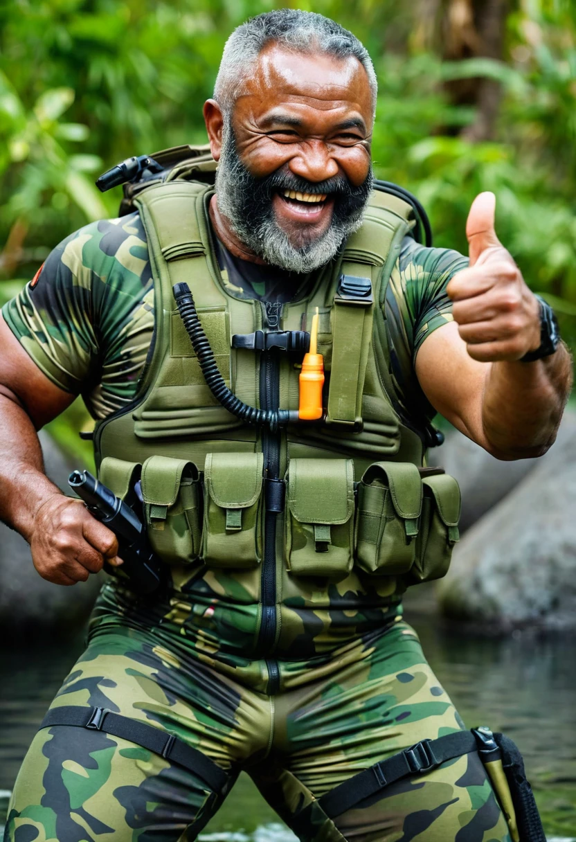 (a dark-skinned bearded fat muscular old man in a bulky army camouflage zipper diver suit) masturbating, thumbs up, carrying a gun, muscular, Bruce Onobrakpeya, sumatraism, stanley artgermm, action, heroic, fierce, smiling, angry expression