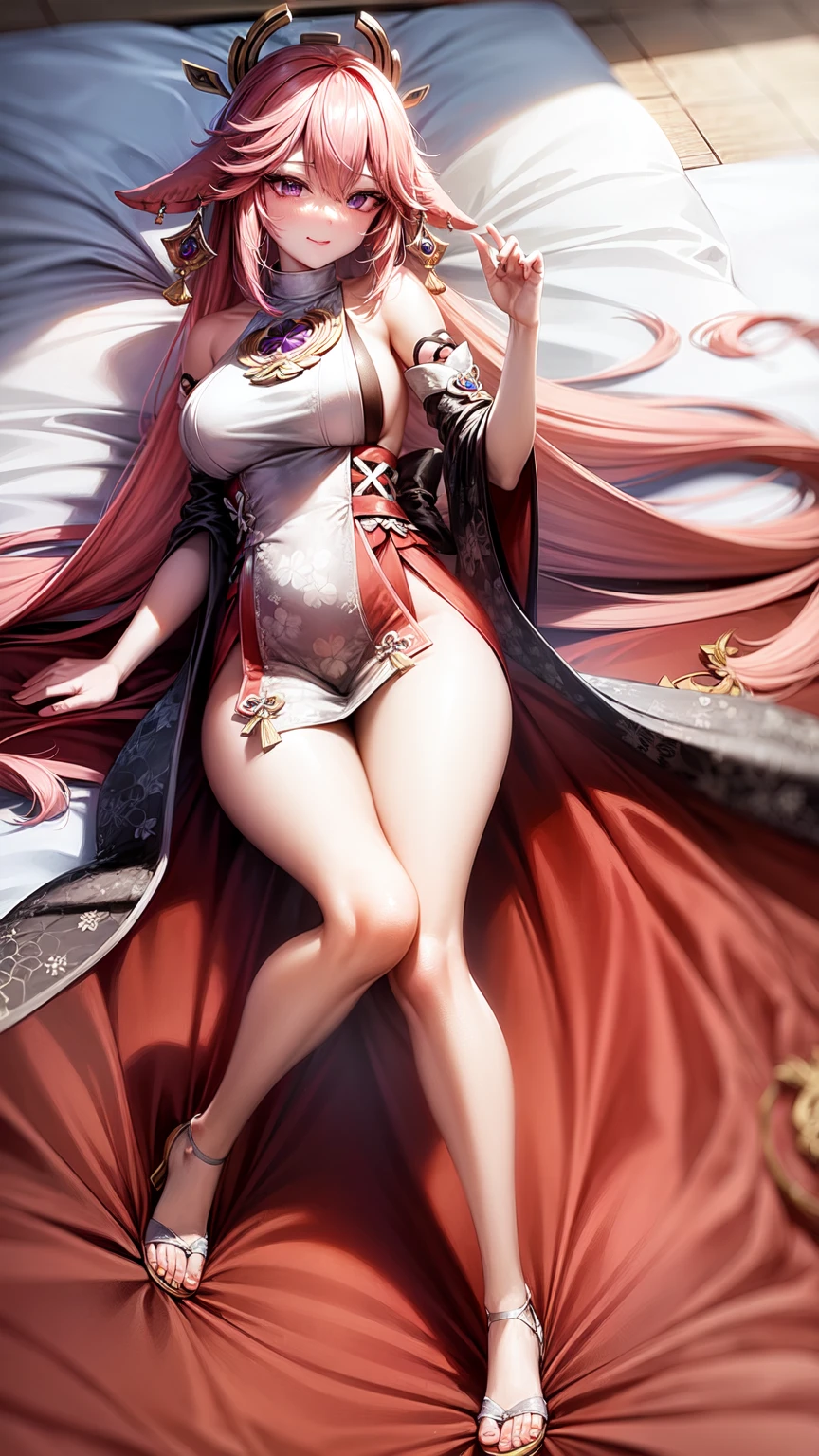Yae Miko,purple eyes,wedding dress,long skirt,seductive face,legs open