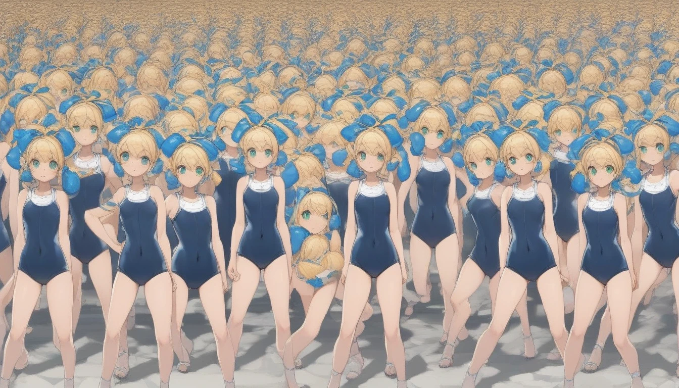 20000+ clone girls, roll(mega man classic),swimsuit roll(mega man x dive old design),mega man x dive, Short stature,flat chest,clone girls,extremely number of clone girls, blond hair, green eyes,high ponytail hair,Sleeveless navy one piece old type school swimsuit with white stripes from armpit to flank,white name tag, navy heeled sandals, green ribbon,human appearance,same height,same appearance, same face,fill the entire image, absolutely everyone, many clone, perfect features,multiple clone girls,same school swimsuit,same hair,official art,girls only,extremely full of extremely crammed,huge crowd,densely packed, masterpiece, best quality,insanely detailed,horde of clone girls, lots of clone girls