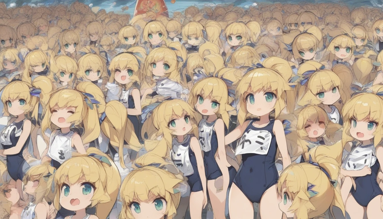 20000+ clone girls, roll(mega man classic),swimsuit roll(mega man x dive old design),mega man x dive, Short stature,flat chest,clone girls,extremely number of clone girls, blond hair, green eyes,high ponytail hair,Sleeveless navy one piece old type school swimsuit with white stripes from armpit to flank,white name tag, navy heeled sandals, green ribbon,human appearance,same height,same appearance, same face,fill the entire image, absolutely everyone, many clone, perfect features,multiple clone girls,same school swimsuit,same hair,official art,girls only,extremely full of extremely crammed,huge crowd,densely packed, masterpiece, best quality,insanely detailed,horde of clone girls, lots of clone girls