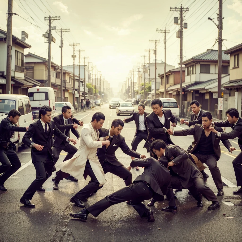 2 groups of yakuza fighting, realistic, cinematic, very detailed, very epic, very detailed, 4k