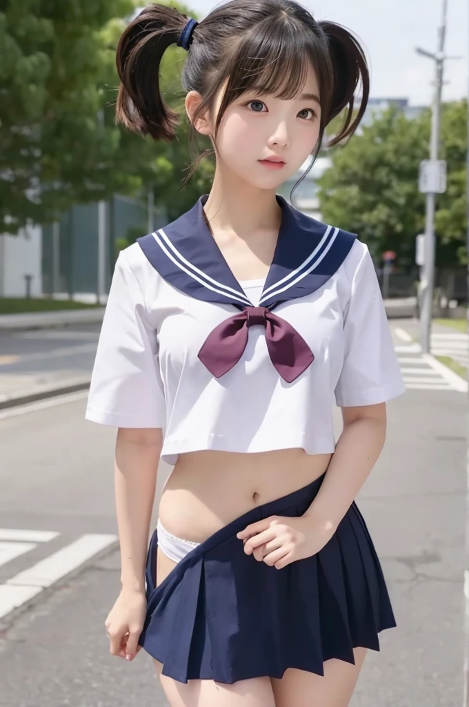 Sailor suit、She is taking off her navy blue skirt、Pulling down her skirt、White panties are visible、Short pigtails、Small breasts