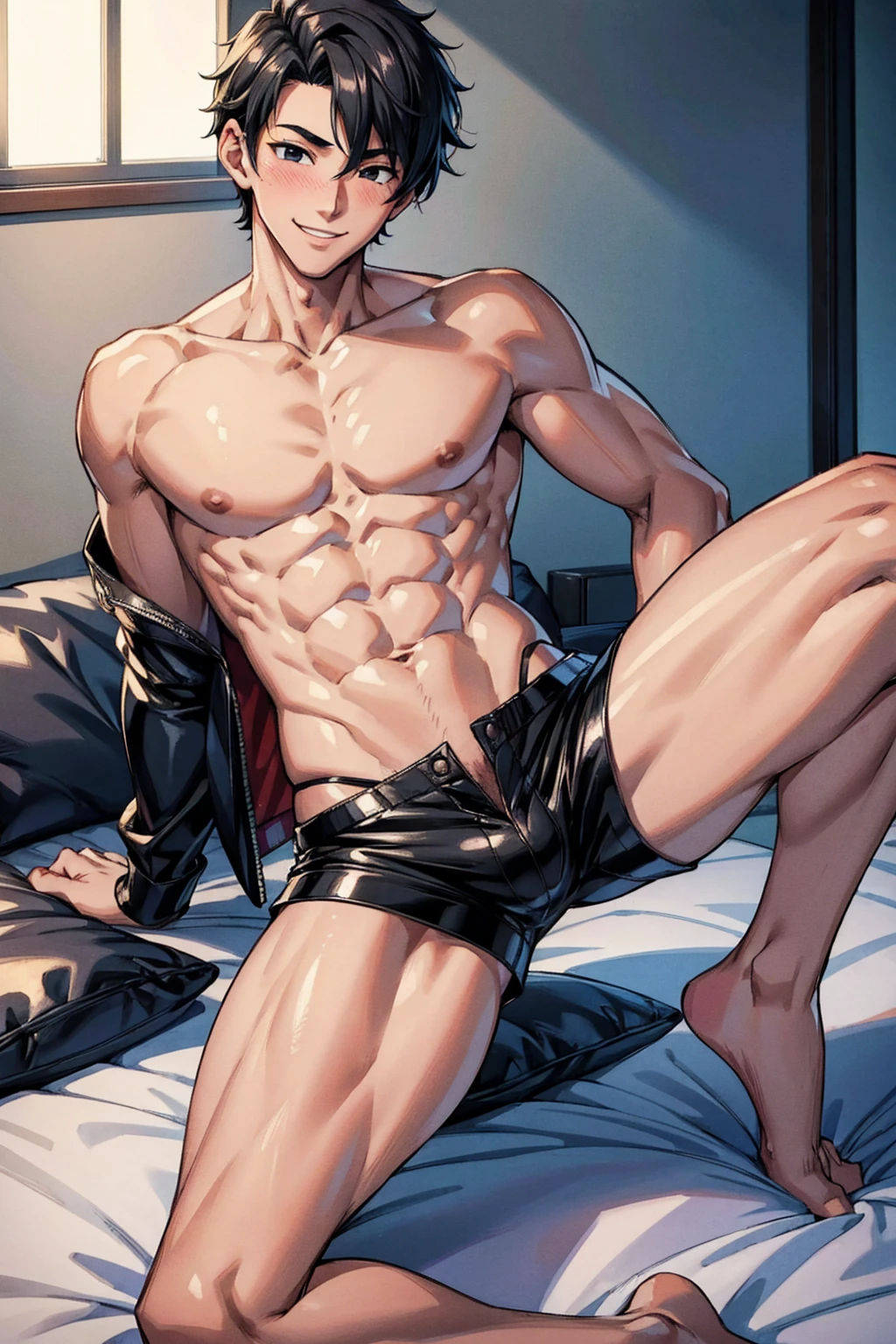 ((8K:1.2),masterpiece, Highest quality, Ultra-high resolution:1.25) beautiful boy anime face, sweet body, 17 old a boy, face and body emphasis, gay anime hentai, tall boy, no underwear, bedroom alone, sexy pose, blushing and smile face, shirtless body, short hair, black eyes, leather shorts, want sex, prostitute boy, full body, crotch emphasis, crotch touching