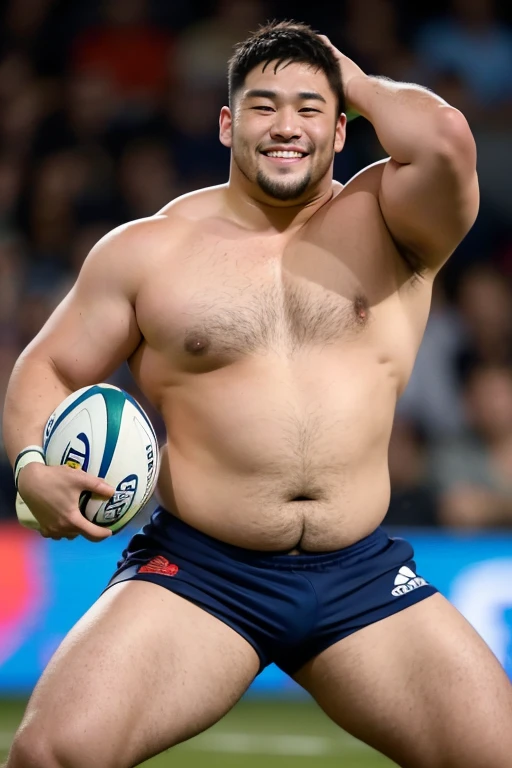 ((highest quality)), ((masterpiece)), (detailed), ((Perfect Face)), 4k, Shaved head, Young Japanese, Muscular, Fat body, Very big man, smile, ((showing off crotch)) A large Japanese man shirtless、whole body、Rugby player、Thick legs、Thick arm muscles、Intimidating、whole body、wearing a very tight and very short black-shorts, (shirtless)、((At the rugby field)),