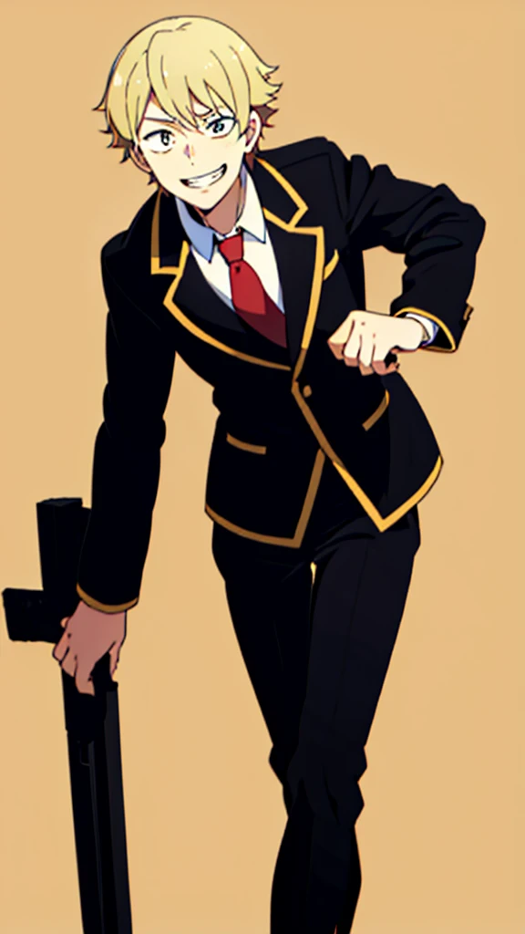 1boy,18s,short hair,blonde hair,smile,solo,(no background, simple background),red necktie,black jacket, blazer,long sleeves,pants,upper body,walking,uneven_eyes,wide-eyed,crazy grin