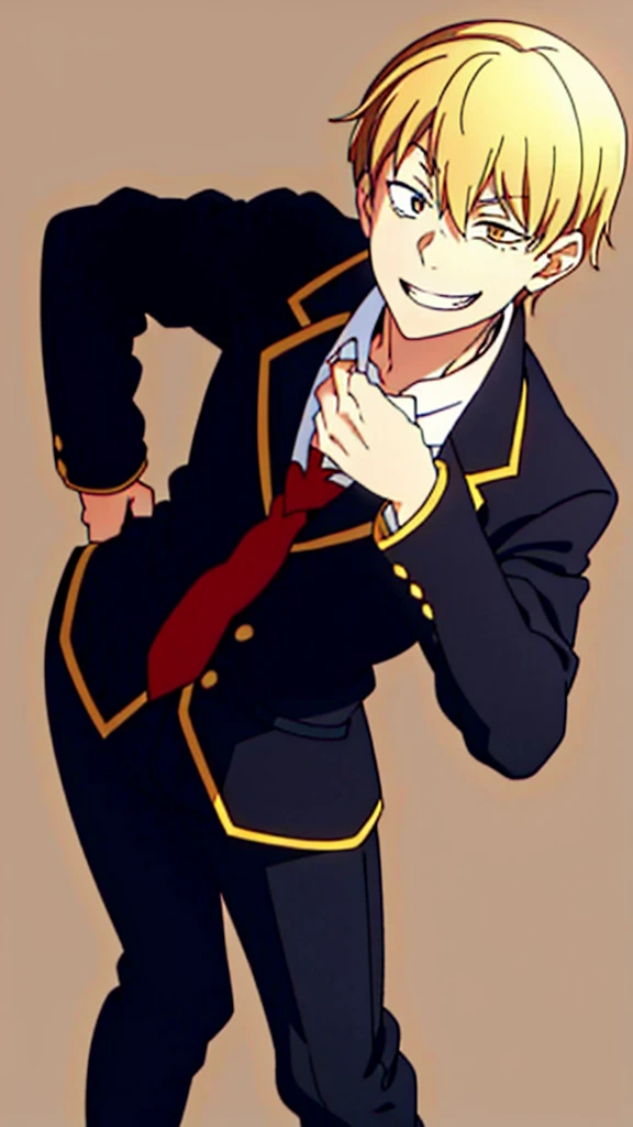 1boy,18s,short hair,blonde hair,smile,solo,(no background, simple background),red necktie,black jacket, blazer,long sleeves,pants,upper body,walking,uneven_eyes,wide-eyed,crazy grin