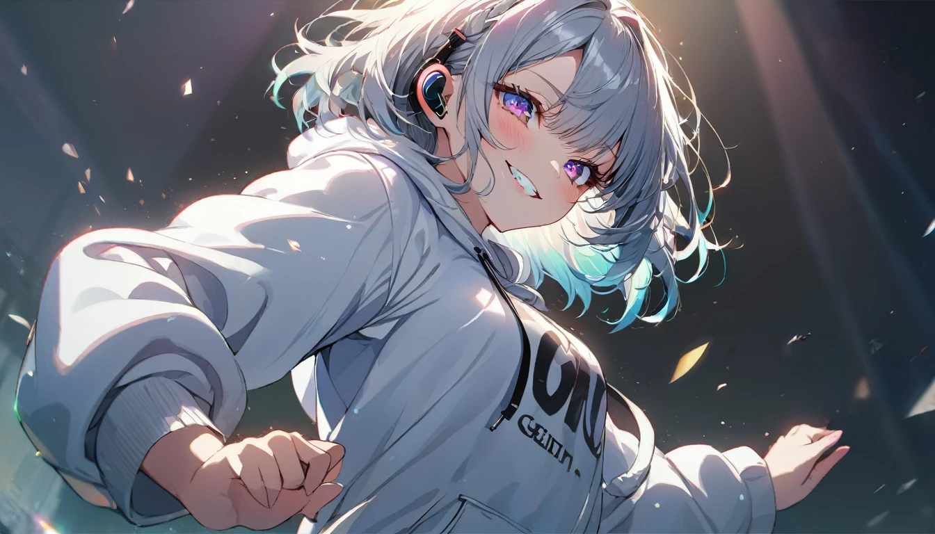 ((Masterpiece)), ((best quality)), (Anime:1.3), (super detail:1.2), (High Definition:1.3), (Professional Photography:1.3), A cute young Girl, Glossy unruly hair, (loose swept bangs), (silver ash hair), medium hair, big eyes, (Eye bags:1.3), (Long eyelashes), colorful eyes, (evil smile and blush), Glossy lips, (jagged teeth), farewell, ((white hoodie with oversized)), barearms, cute, (colorful:1.3), gothic makeup, (wearing headphone), black mini skirt, wind, beautiful, dancing, pretty, Celtic, maniac, upper body, early morning, (dutch angle:1.3), (from side:1.3),
