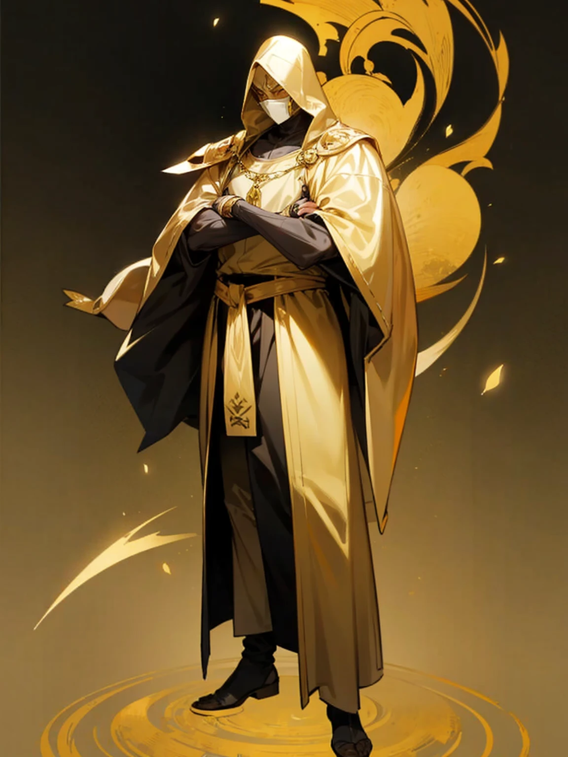 A adult tall thin anime man, Gold medieval Clothes, wearing a golden mask covering all the face, full body, standing, blank scenery