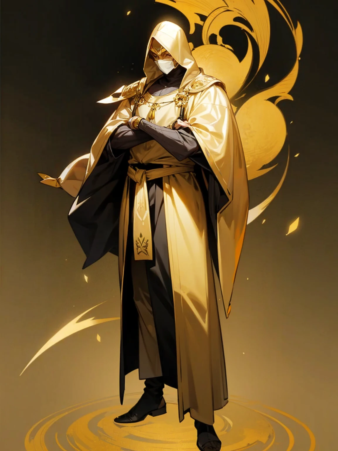 A adult tall thin anime man, Gold medieval Clothes, wearing a golden mask covering all the face, full body, standing, blank scenery