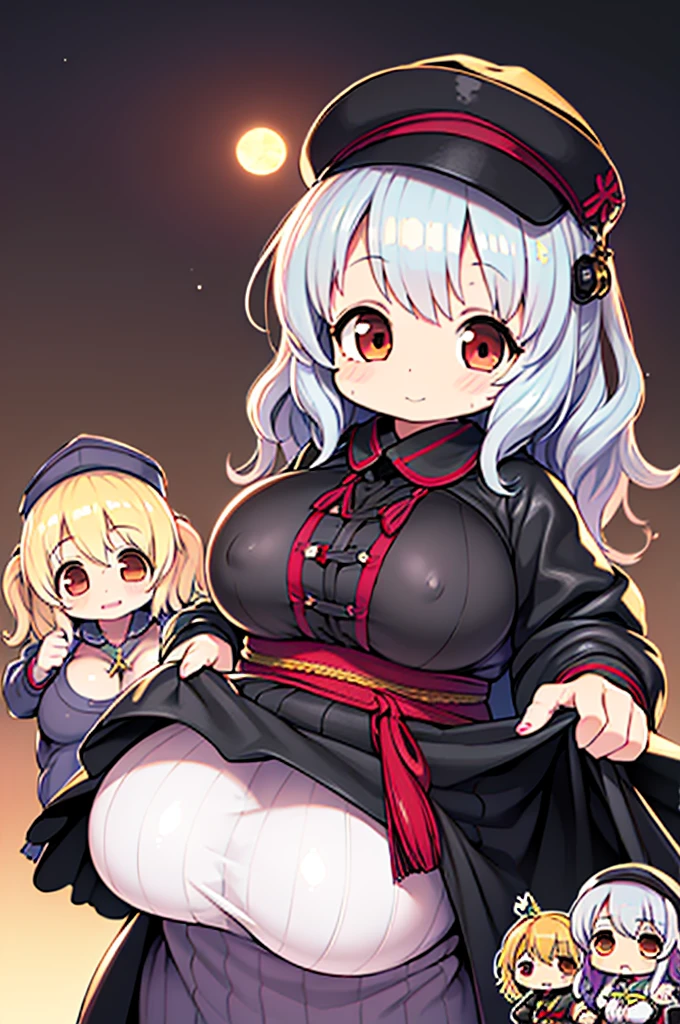 masutepiece, Great fashion, (Fashion Costumes), (Illustration), (2 people),(2girls:1.3) 、12-year-old young couple, lesbian、Girls to girls、(Russian mil style), Fashion, Silver hair, (Long hair), (hair messy), (White skin), (dark circles), Handsome, Dance Steps, trending, dark gray,, close up, (grand background), (Chiaroscuro)), Fine facial details, Facial details, Cinematic lighting, (depth of fields), nffsw, (Upper body), Black background、(Chibi:1.5),Anime style,Under the full moon、