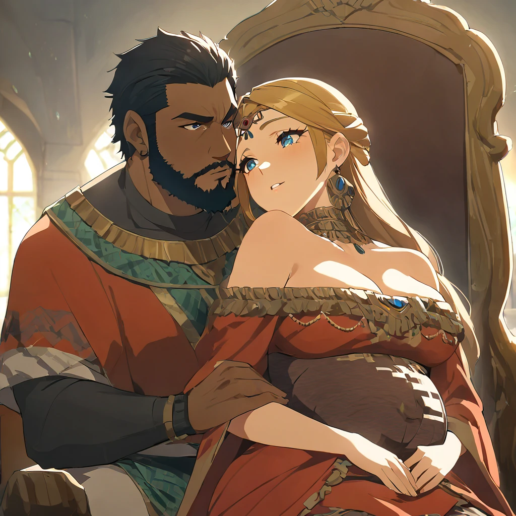 ((Highest quality)), ((masterpiece)), (detailed), （Perfect Face）、The woman is Queen Zelda of the Gerudo tribe, she has blonde hair, blue eyes, wears the gorgeous dress of the Gerudo queen, and loves the man dearly.、The man is a dignified, middle-aged man of the Gerudo tribe, bearded, muscular, red-haired, dark-skinned King Ganondorf, king of the Gerudo tribe, dressed in the luxurious clothing of the Gerudo king, and loving women.、A man and woman are kissing close together on the luxurious throne of the Gerudo royal family.、A queen and a king in love、the woman is pregnant