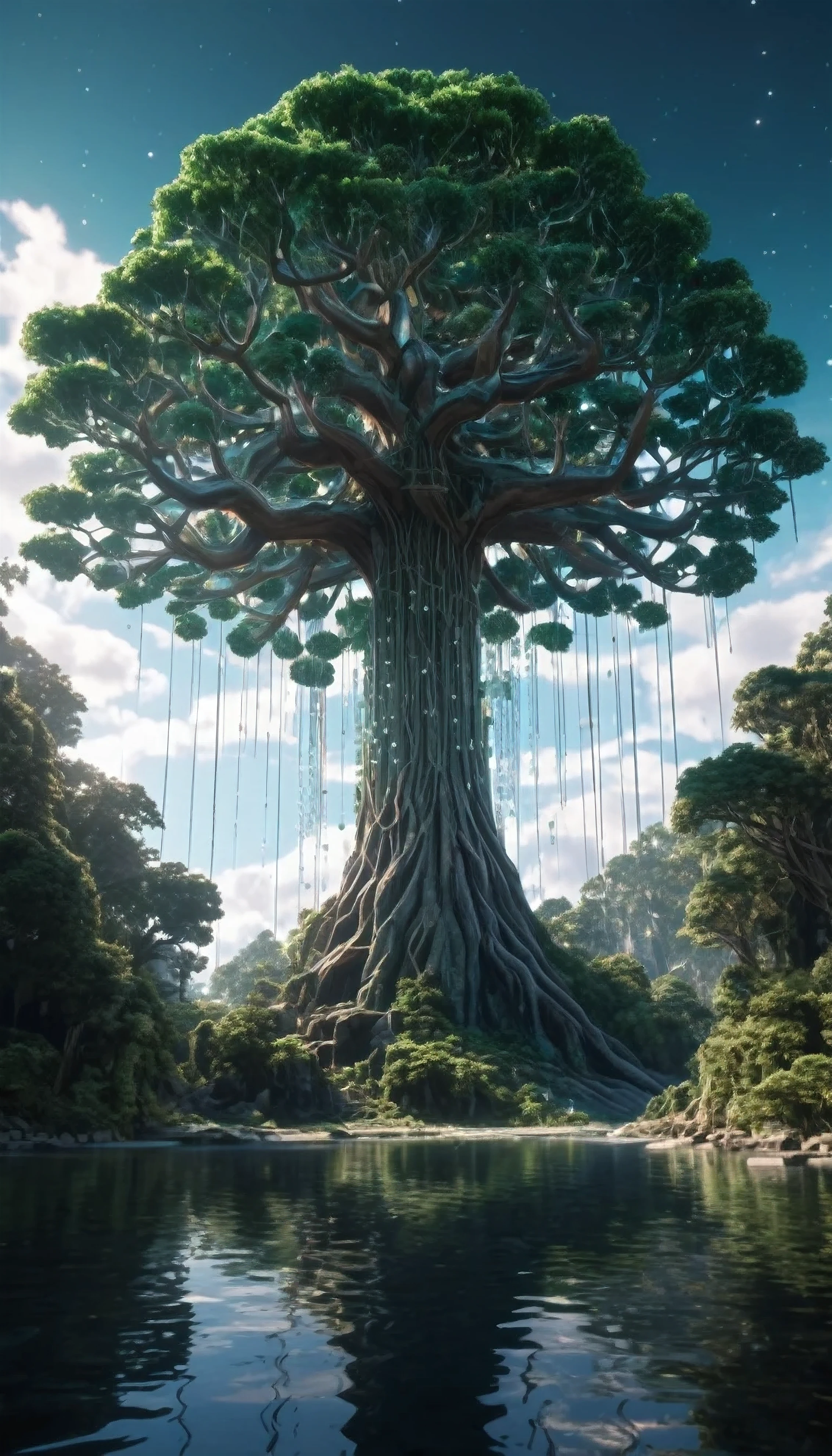 Illustration of a hyperrealistic , otherworldly, ultrasky scene featuring a giant crystal tree full body,very detailed and magical lighting, intricate forest details, vegetation and river around, solarpunk ,landscape, giant tree, beatifull leafy with beautiful lighting and realistic proportions, as if it were a cinematic background, 8k, highest quality, masterpiece, clouds and stars in the sky.