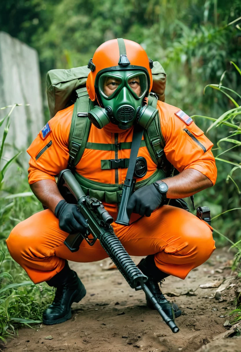 (a dark-skinned bearded chubby old man in orange zipper pilot suit), wearing rescue gear, wearing green army pilot helmet and gas mask, crouching, shooting with sniper rifle, imposing physique, muscular, toned muscles, Basuki Abdullah, sumatraism, action, a character portrait, heroic, fierce, angry, intense