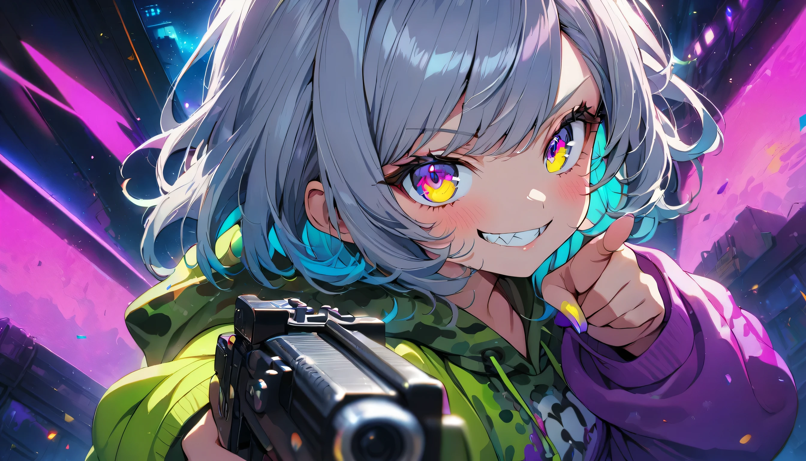 ((Masterpiece)), ((best quality)), (Anime:1.3), (super detail:1.2), (High Definition:1.3), (Professional Photography:1.3), cute young Girl, Glossy unruly hair, (loose swept bangs), (silver ash hair), medium hair, big eyes, (Eye bags:1.3), (Long eyelashes), colorful eyes, (evil smile and blush), Glossy lips, (jagged teeth), ((Camouflage hoodie with oversized)), (holding a handgun:1.3), cute, neon lit, starry night, (upper body:1.8), (colorful:1.3), gothic makeup, wearing headphones, dutch angle, (from above:1.5), (pointing handgun:1.5)