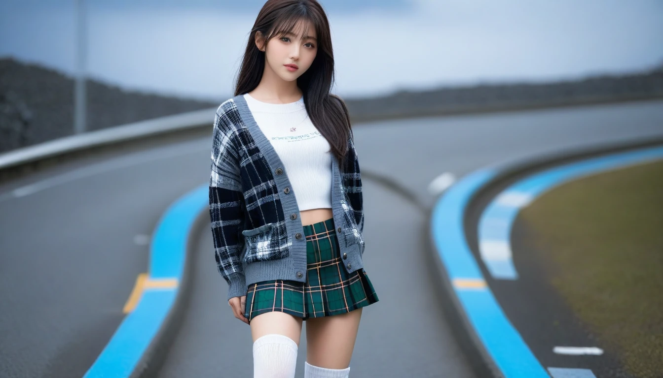 8K, Ultra-high resolution, Highest quality, masterpiece, 三分割法によるphotograph,Surreal, photograph, 1 Girl, (16 years old:1.3), pretty girl, Cute face, Beautiful eyes in every detail, 細かくdetailedに,masterpiece,One Girl:1.2, Japan Female Announcer,whole body,from below,Fearful expression,Black Hair,Messy hair,Cyber city of the near future,Wearing a cardigan sweater on your back、A girl alone in the middle of the road, Tartan check pencil skirt, White knee-high socks and black shoes,Beautiful leg line beauty,Realistic Skin, Perfect and beautiful face ,完璧でCute face, Skin with attention to detail, Perfect limbs、Narrow waist、Thin legs),Looking at the audience、beauty,Long neck、(((Ideal body type))),A cup small breasts :2,Portraiture:2,Perfect Anatomy,鮮明なdetailed,detailed,Surreal,Light and shadow,darkness