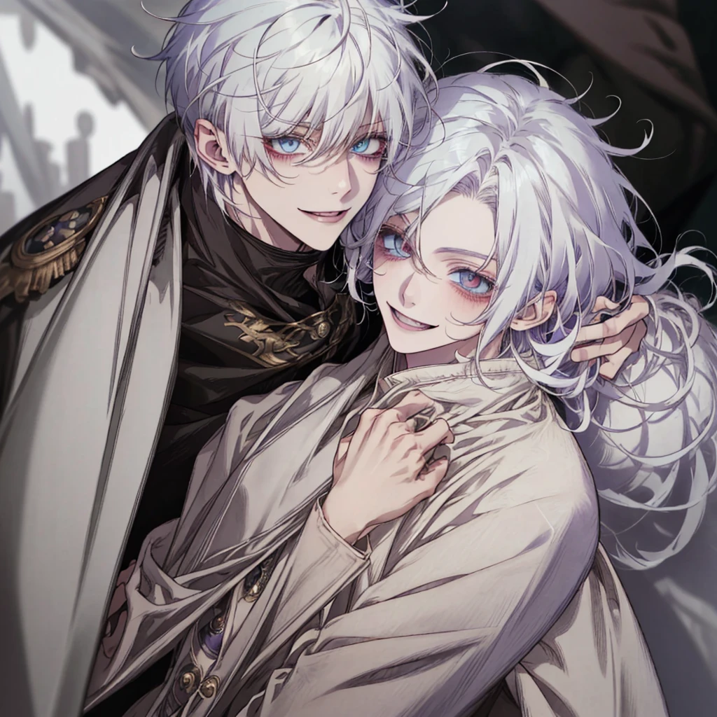 1 young boy、One with white hair、purplish white eye smile、short messy hair、portraite 、bonitas 、heterochromia 、hair covering right eye、evil smile、black overcoat