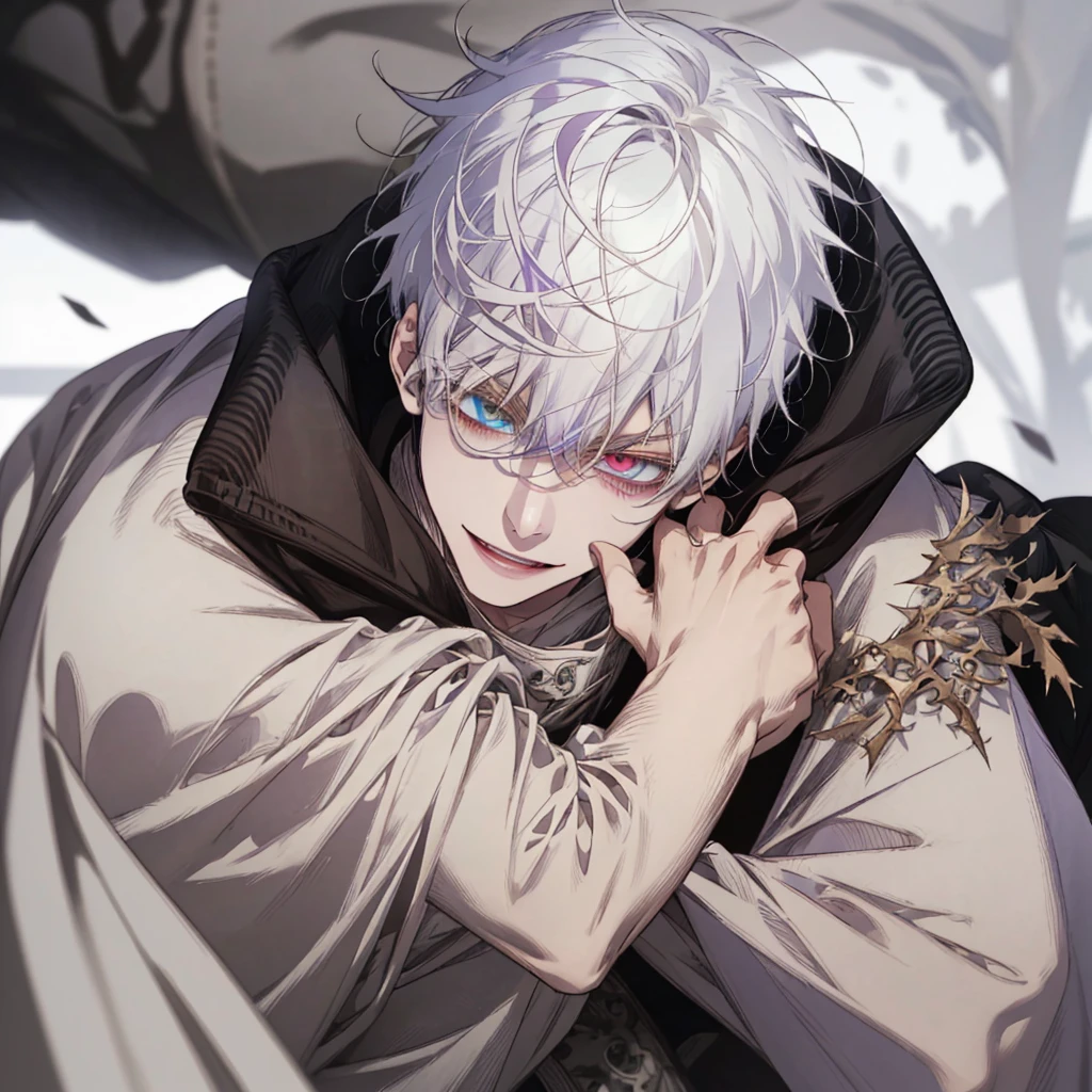 ung boy、One with white hair、purplish white eye smile、short messy hair、portraite 、bonitas 、heterochromia 、hair covering right eye、evil smile、black overcoat