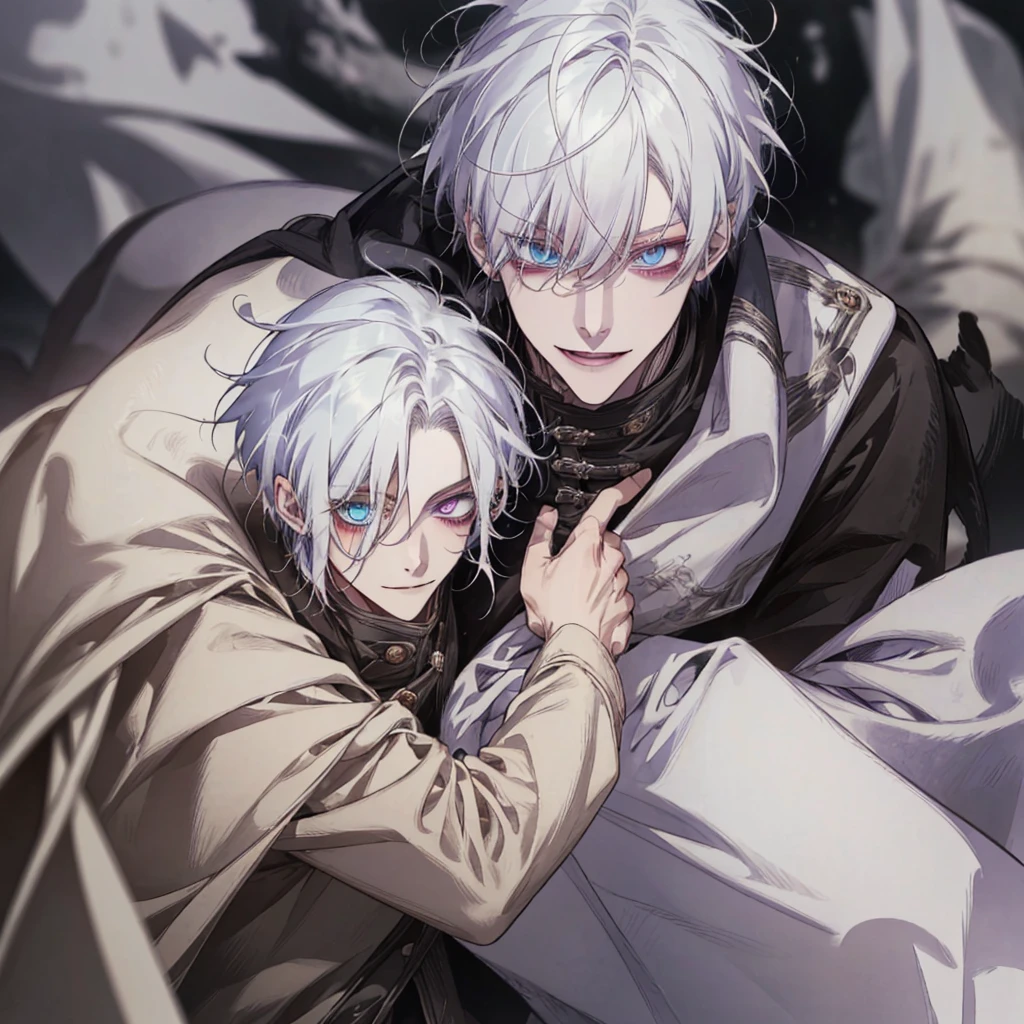 1 young boy、One with white hair、purplish white eye smile、short messy hair、portraite 、bonitas 、heterochromia 、hair covering right eye、evil smile、black overcoat
