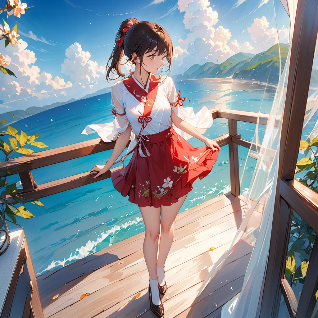 masterpiece, high quality, Wide-angle, Bottom to Top, 1 Girl, Red short skirt, sunlight, Big blue ocean water, Sparkling, Reflexive, Romantic atmosphere, Young people, Zhou Haoguang, Crisp, beautiful images,