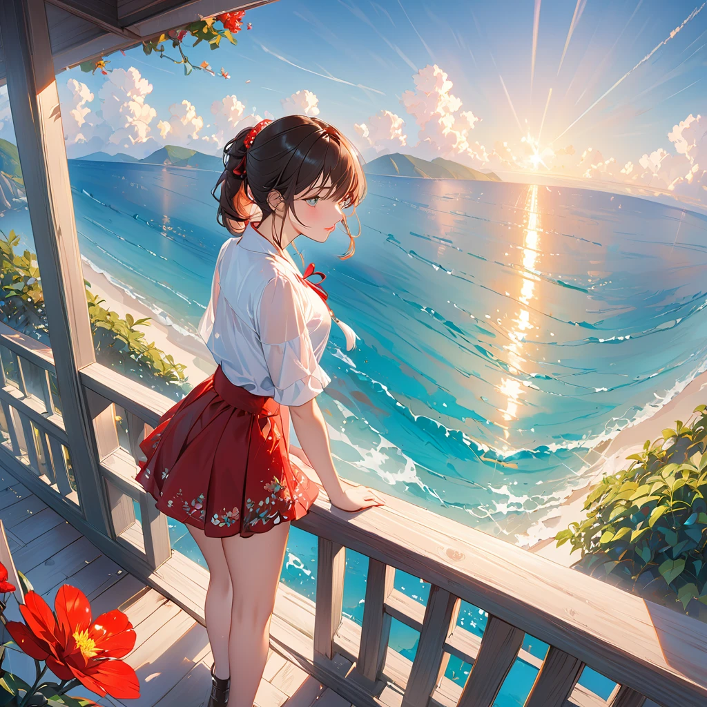 masterpiece, high quality, Wide-angle, Bottom to Top, 1 Girl, Red short skirt, sunlight, Big blue ocean water, Sparkling, Reflexive, Romantic atmosphere, Young people, Zhou Haoguang, Crisp, beautiful images,