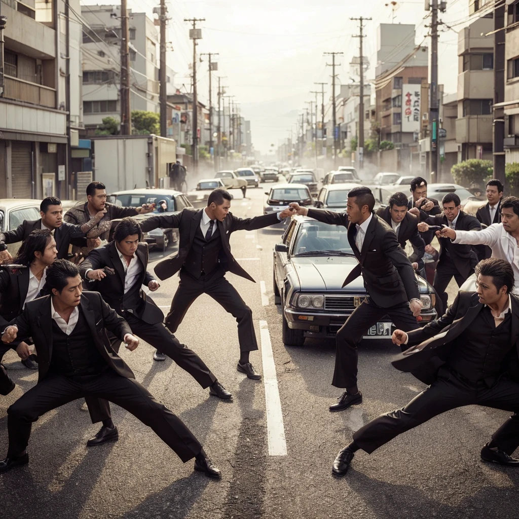 2 groups of yakuza fighting, realistic, cinematic, very detailed, very epic, very detailed, 4k