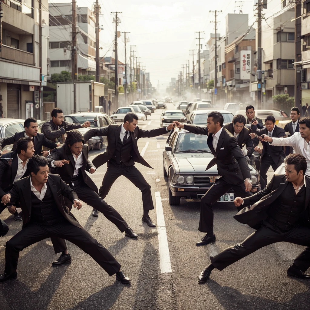 2 groups of yakuza fighting, realistic, cinematic, very detailed, very epic, very detailed, 4k
