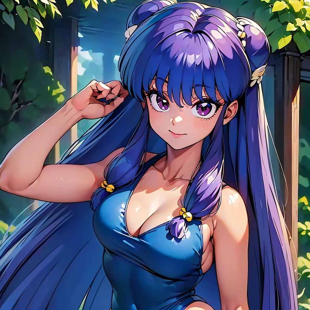 (((Best Quality, high resolution)))),((Best Quality,8k,Masterpiece: 1.3)),((hyper realistaic front portrait looking at viewer )),((retrato de Shampoo, Ranma 1/2)),((Shampoo, Ranma 1/2)),((Best Quality, high resolution)),sniper aiming ((((Shampoo )))),Shampoo, purple hair, long hair, (red eyes), Hair bun, one piece swimsuit spandex blue, smile, upper body, open clothes, forest, night,(((Shampoo, Ranma 1/2))), using a ((blue spandex swimsuit)), bun head、purple , ((blue spandex swimsuit)),wide hair, double tail,Subjective and sensual pose