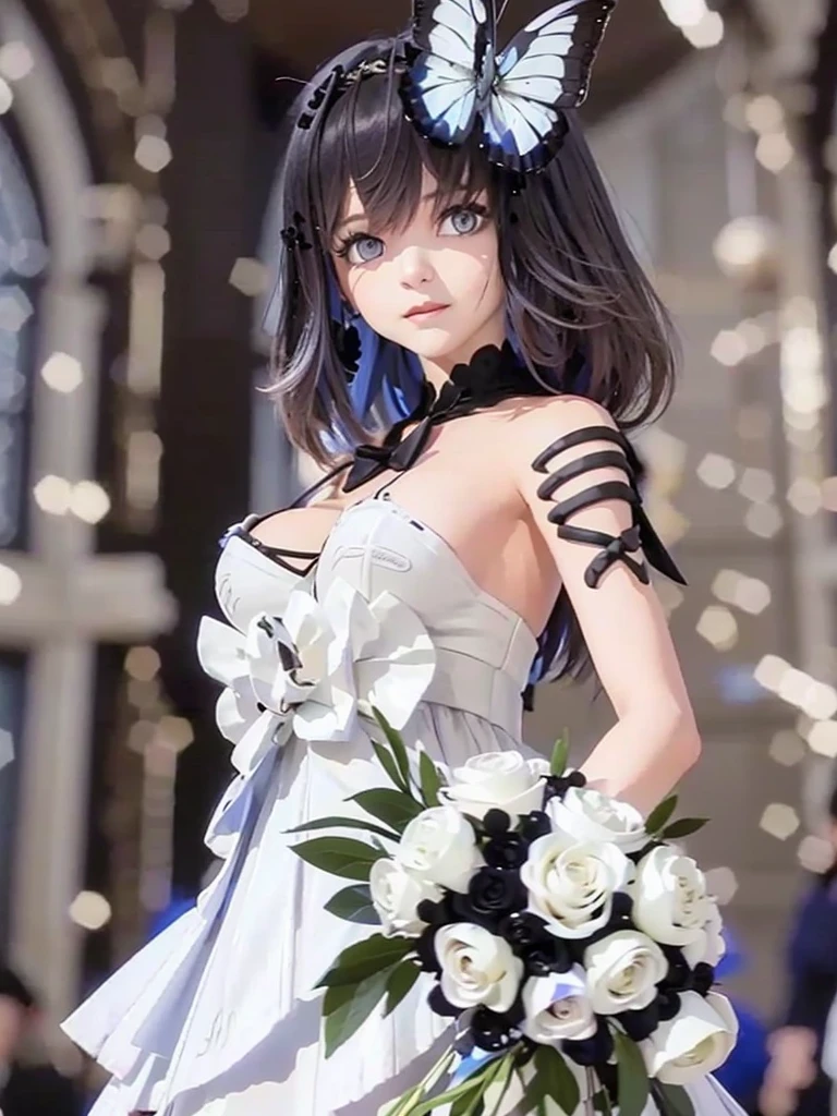 Big hair but with bangs that cover the forehead, white, with wedding dress and a bouquet, beautiful makeup, and with some butterfly tattoos on his body Unique place in the church