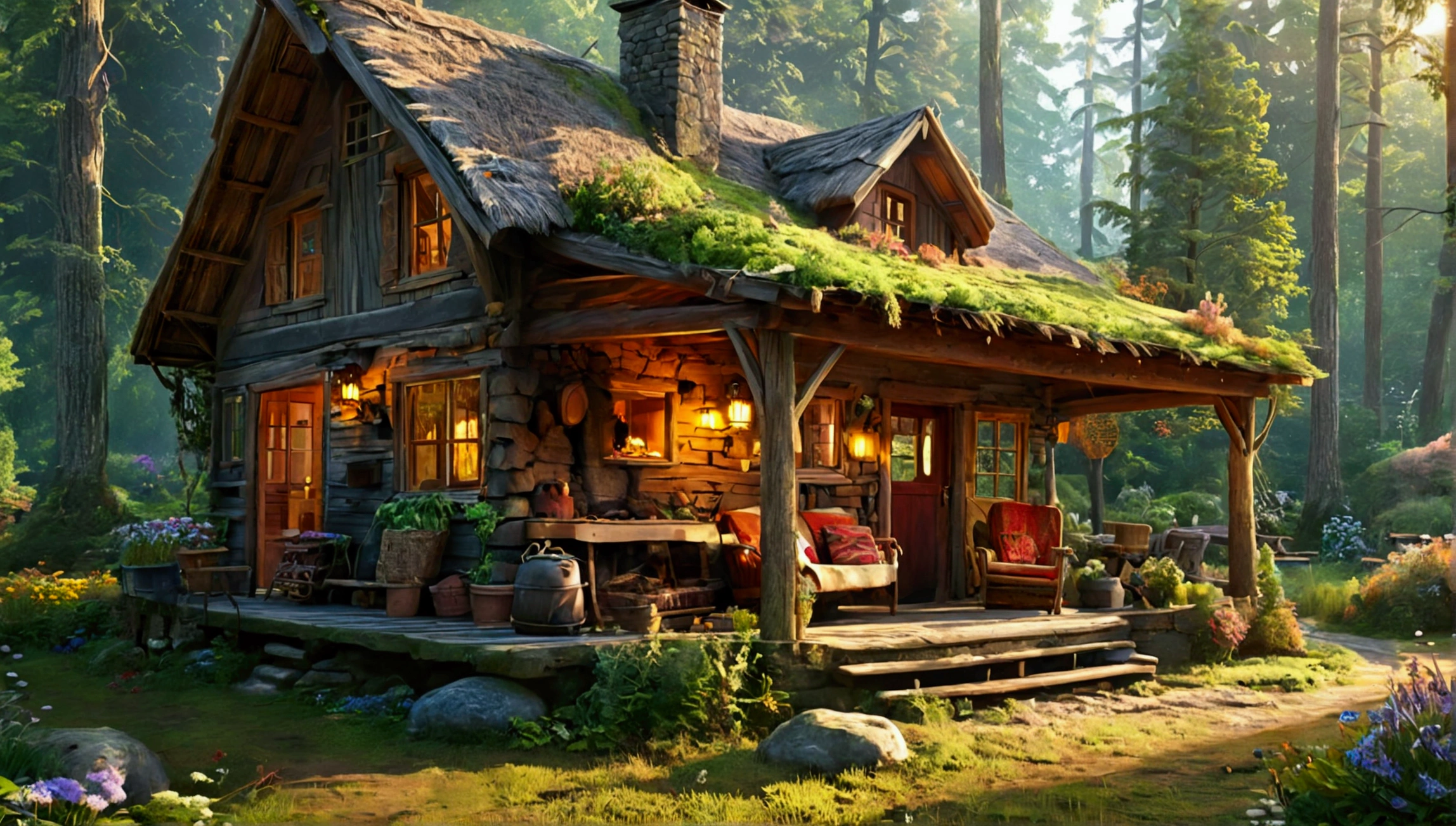 ((best quality)), ((masterpiece)), ((animated)) ,(detailed), (illustration), (colorful) ,A rustic wooden cabin with a thatched roof, surrounded by dense forest. A porch features rocking chairs and an antique wooden table. Inside, a large wood stove and dark wood furniture provide warmth, with a wool blanket draped over a cozy sofa. Large windows offer views of tall trees and a wildflower garden. (Best quality),Warm color tones,Soft lighting