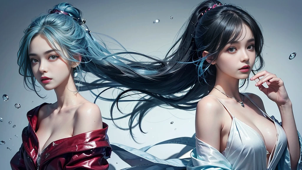 (masterpiece), (Highest quality), (Very detailed), (Disheveled Hair), (shape), (One Girl), (Fashionable clothes), Are standing, Fashion Model, Beholder, (interview), (Simple Background), Beautiful and beautiful eyes, Delicate and beautiful face, floating, (High chroma), (Colorful Splash), Colorful bubbles, (Shine), Focus on the face, ponytail, Light blue hair, bangs, Hair Ring, floating Flowers, floating Hairs, (The Shining), Best lighting, Best Shadow, Big, firm, swaying breasts