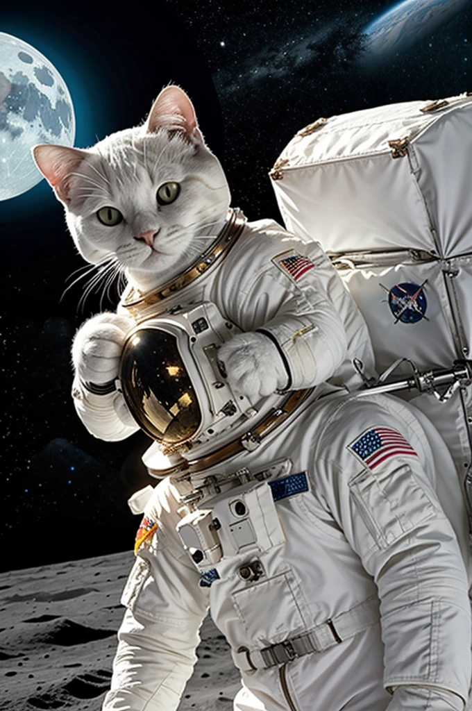 Astronaut white cat on the moon