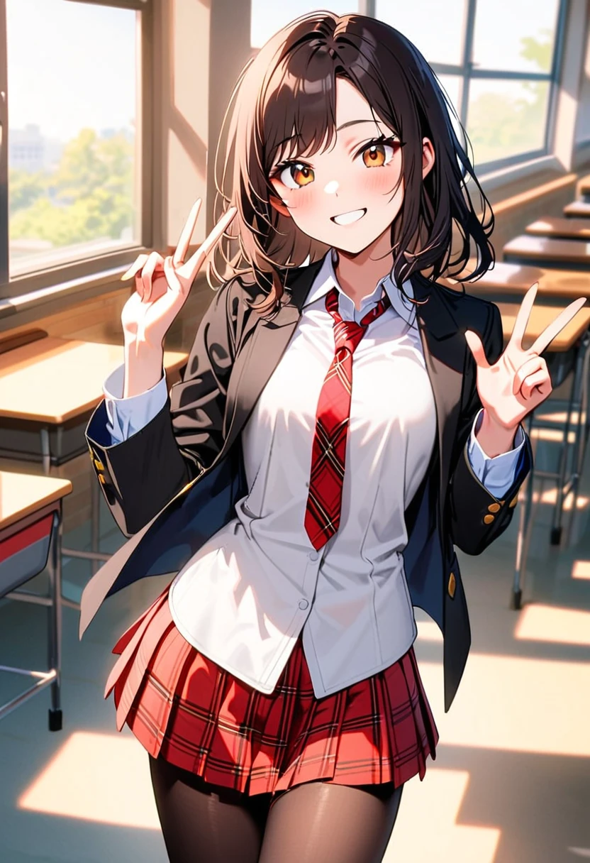 A young woman, 17-years-old, solo, Korean, loose wavy black hair, no bangs, brown eyes, black blazer, white blouse, red plaid necktie, red pleated skirt, black pantyhose, playful smile, cheerful, classroom, holding up a v-sign