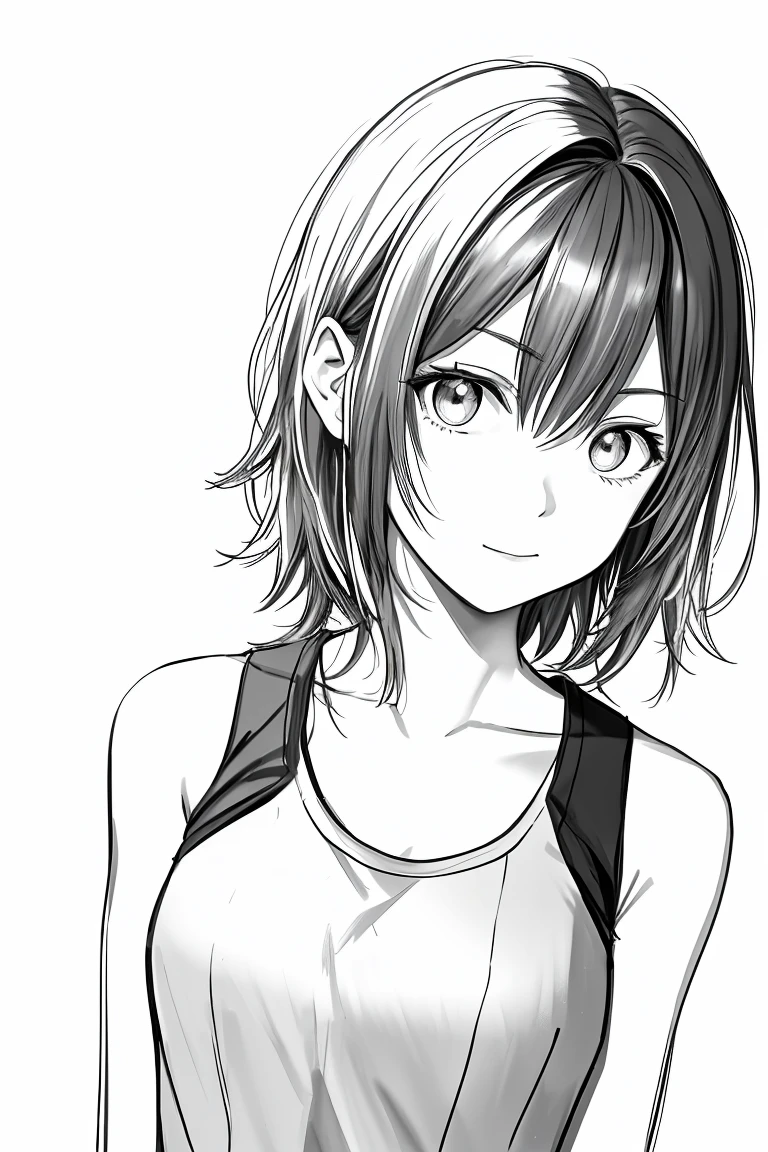 masterpiece,, One girl, alone, short, , tie, White Background, Monochrome, Line art, ((sketch))、Facing forward、Wearing a tank top