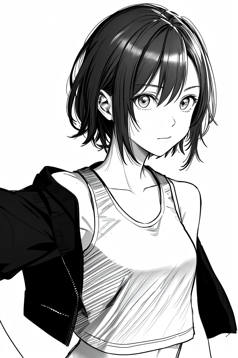 masterpiece,, One girl, alone, short, , tie, White Background, Monochrome, Line art, ((sketch))、Facing forward、Wearing a tank top