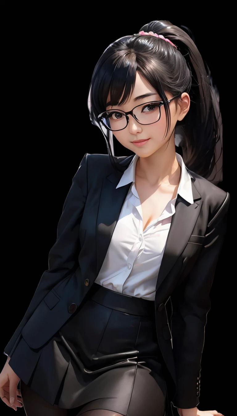 A 25-year-old intelligent Japanese woman with black hair in a ponytail, wearing glasses, and a cherry blossom hair accessory. She is dressed in a black suit with a white shirt, black skirt, and black pantyhose. The woman is sitting in a luxurious chair in an executive office, smiling gently.
