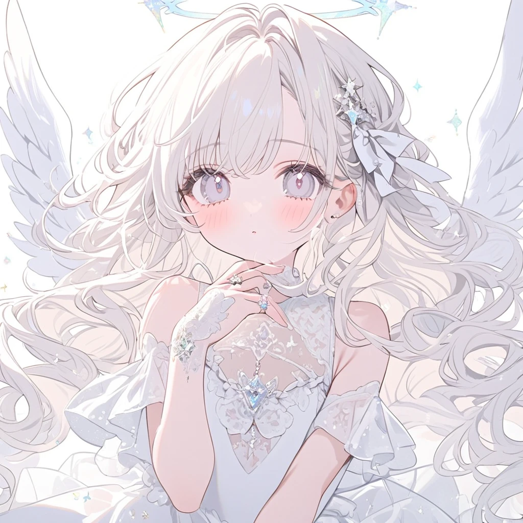 White Angel, White ribbon, pastel White angel ring, white one-piece,white and angel wings, cute white background ,White long Curl hair,glitter White eyes