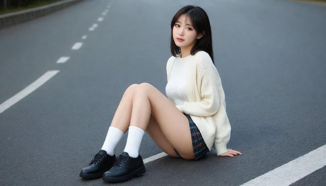 8K, Ultra-high resolution, Highest quality, masterpiece, 三分割法によるphotograph,Surreal, photograph, 1 Girl, (:1.3), pretty girl, Cute face, Beautiful eyes in every detail, 細かくdetailedに,masterpiece,One Girl:1.2, Japan Female Announcer,whole body,from below,Fearful expression,Black Hair,Messy hair,Cyber city of the near future,Wearing a cardigan sweater on your back、A girl alone in the middle of the road, Tartan check pencil skirt, White knee-high socks and black shoes,Beautiful leg line beauty,Realistic Skin, Perfect and beautiful face ,完璧でCute face, Skin with attention to detail, Perfect limbs、Narrow waist、Thin legs),Looking at the audience、beauty,Long neck、(((Ideal body type))),A cup small breasts :2,Portraiture:2,Perfect Anatomy,鮮明なdetailed,detailed,Surreal,Light and shadow,darkness