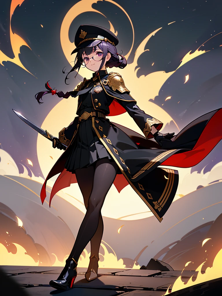 realisitic, City Deserted, Pile of rubble, Brick building, a one woman (18 years old, far away blackw hair, far away slits, Eyes red, glare eyes, 精致的面容, standing (In floor, feet shoulder-width apart), Lolita style military uniform (blackw base, Red Insert, golden decoration, volantes, wide sleeves, dainty and delicate detailing armors), blackw far away gloves (blackw, Red Insert, golden decoration, small hands, armors), blackw far away gloves, knee high boots (blackw, high-heels, red soles), ha (blackw, aba dourada, shield emblem, delicate details), arms in front, Front of belly, Holding military swords with both hands (blackw, golden decoration, delicate detail, Handle at the top, Ground-facing blade, in front of the body, far away), night sky (blackw, stele, Increased flames and smoke) Pale painting style, One Girl, super high quality, Super Detail, Super Detailed image, long hair, looking at viewer, skirt, shirt, hair ornament, violet eyes, gloves, round glasses, long sleeves, hat, closed mouth, jacket, violet hair, braid, open clothes, necktie, black gloves, black skirt, uniform, single braid, open jacket, black jacket, black headwear, 手链, peaked cap, black necktie, cropped jacket, military hat, pantyhose, Flat Chest, smile, Black Cape