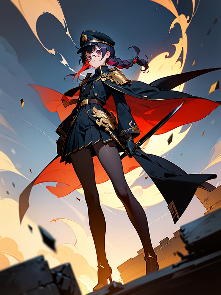 realisitic, City Deserted, Pile of rubble, Brick building, a one woman (18 years old, far away blackw hair, far away slits, Eyes red, glare eyes, 精致的面容, standing (In floor, feet shoulder-width apart), ta style military uniform (blackw base, Red Insert, golden decoration, volantes, wide sleeves, dainty and delicate detailing armors), blackw far away gloves (blackw, Red Insert, golden decoration, small hands, armors), blackw far away gloves, knee high boots (blackw, high-heels, red soles), ha (blackw, aba dourada, shield emblem, delicate details), arms in front, Front of belly, Holding military swords with both hands (blackw, golden decoration, delicate detail, Handle at the top, Ground-facing blade, in front of the body, far away), night sky (blackw, stele, Increased flames and smoke) Pale painting style, One Girl, super high quality, Super Detail, Super Detailed image, long hair, looking at viewer, skirt, shirt, hair ornament, violet eyes, gloves, round glasses, long sleeves, hat, closed mouth, jacket, violet hair, braid, open clothes, necktie, black gloves, black skirt, uniform, single braid, open jacket, black jacket, black headwear, 手链, peaked cap, black necktie, cropped jacket, military hat, pantyhose, Flat Chest, smile, Black Cape