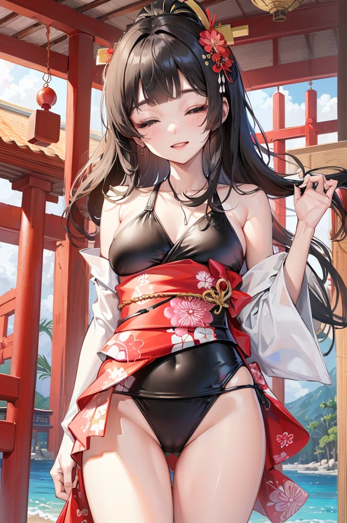 (pov kimono style swimsuit) (beautiful body), (solo:2, 15 yo, blunt bangs:1.3 black hair long hair sexy shrine girl, sexy closed eyes, happy smile), (in a japanese modern:1.3 shrine swimsuit, wabisabi:1.3, white and red), break, in the Swimsuit contest venue, background Double Exposure beautiful ocean, BREAK, perfect anatomy, masterpiece, best quality, 16k, beautiful detailed love, sexy, daydreaming expression.