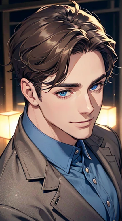 a mature man with short grey Brown hair, blue eyes, 31 years, and a perfect face, smiling in love, CEO, cinematic lighting, 1:4 HDR image, top view, ultra detailed, best quality, masterpiece, 8K, photorealistic, beautiful image