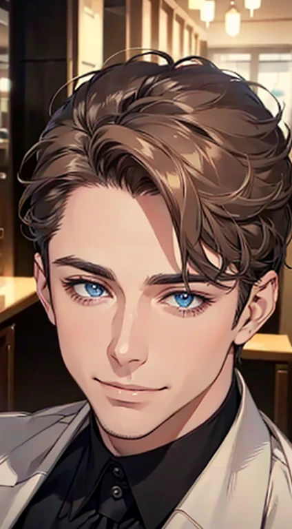 a mature man with short grey Brown hair, blue eyes, 31 years, and a perfect face, smiling in love, CEO, cinematic lighting, 1:4 HDR image, top view, ultra detailed, best quality, masterpiece, 8K, photorealistic, beautiful image