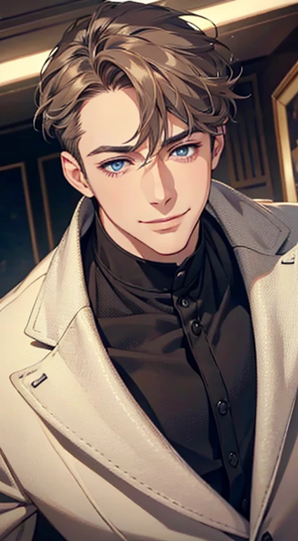 a mature man with short grey Brown hair, blue eyes, 31 years, and a perfect face, smiling in love, CEO, cinematic lighting, 1:4 HDR image, top view, ultra detailed, best quality, masterpiece, 8K, photorealistic, beautiful image