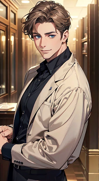 a mature man with short grey Brown hair, blue eyes, 31 years, and a perfect face, smiling in love, CEO, cinematic lighting, 1:4 HDR image, top view, ultra detailed, best quality, masterpiece, 8K, photorealistic, beautiful image
